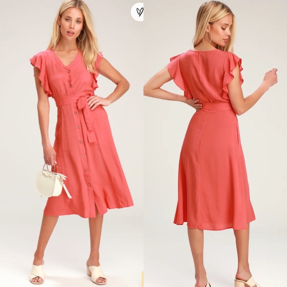 🆕 Lulus Coral Pink Button-Front Midi Dress - Picture 1 of 10